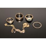 Three 9ct gold rings, a 9ct gold pendant on chain and a gilt ring , 8.3g.