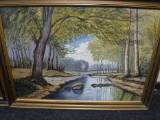 A continental oil on canvas - stream by trees