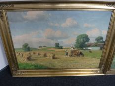 A continental oil on canvas depicting figures in a field