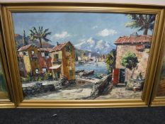 A continental oil on canvas - village with mountains beyond