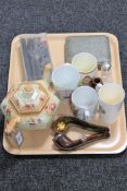 A tray of antique commemorative china, silver mounted pipe, cut throat razors etc.