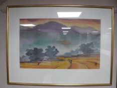 A Japanese framed watercolour drawing - figures on a track