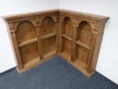A two part carved pine antique style corner bookcase