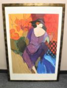 Twentieth Century School : Portrait of a Lady in a Purple Dress, lithograph in colours,