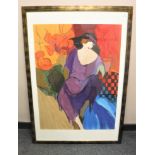 Twentieth Century School : Portrait of a Lady in a Purple Dress, lithograph in colours,