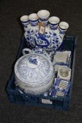 A crate of blue and white Chinese porcelain