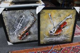 Two contemporary oils on canvas depicting a violin and a saxophone