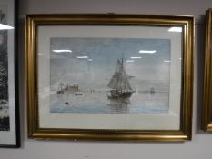 A gilt framed print - boats in still waters