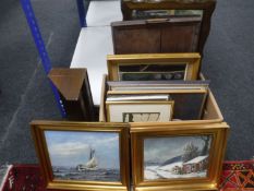 A box of assorted pictures and prints, mirrors, serving tray etc,