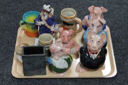 A tray of Natwest pig money banks, Chinese vase, figure of Charles II etc.