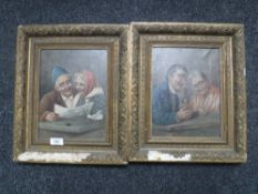 Two gilt framed continental school oils on canvas - elderly couple reading paper and elderly couple