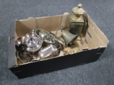 A box of brass carriage lamp, ship's bell, cannon, four piece plated tea service and tray,