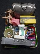 Two boxes of safety boots, lady's hand bag, quilt, track lighting,