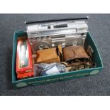A box of Hornby Triang rolling stock, radio cassette recorder, cased Busch field glasses,