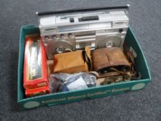 A box of Hornby Triang rolling stock, radio cassette recorder, cased Busch field glasses,