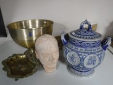 A continental salt glazed lidded tureen together with a large wicker bowl, champagne bucket,