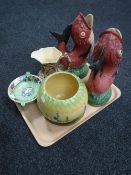 A tray of Maling brown chintz jug, Maling Springtime comport, pair of pottery fish vases,