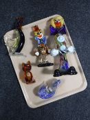 A tray of Murano glass clowns and three glass figures - Duck,