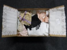 A box of eleven pieces of Victorian clothing, beaded collar,