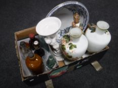A box of vintage bottles, pair of Victorian glass hand painted vases,