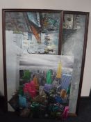Two framed oils on canvas - Parisian street scenes and a wall canvas of New York