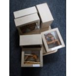 A tray of six boxed hand built wooden toys including baby rocking horse,