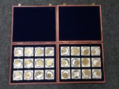 Two fitted teak coin cases each containing twelve coins - The History of British Currency.