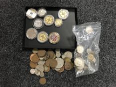 A collection of nine various coins in plastic cases together with a bag of miscellaneous loose