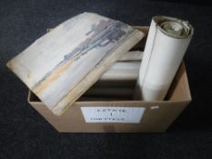 A box of quantity of unframed pencil sketches - architectural drawings etc