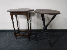 An oval oak occasional table and a tripod table