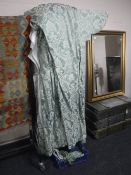 A pair of green lined curtains with tie backs and pelmet drop 220 cm