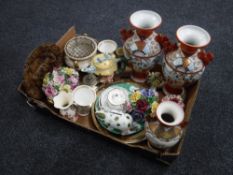 A box of Japanese vases, China flower posies, Beswick teapots,