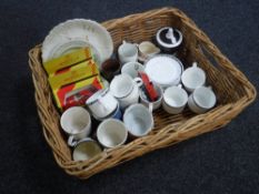 A basket of commemorative mugs, Beatrix potter cup and saucer, part Doulton coffee set,