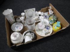 A box of cabinet china including Aynsley Wild Tudor and cottage garden teacups and saucers,
