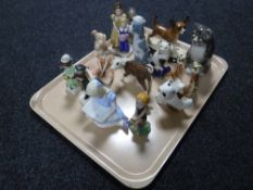 A tray containing assorted china figures including Coalport Alice in Wonderland,