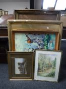 Five assorted framed pictures including gilt framed chalk study on board - female figure,