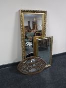 Two gilt framed mirrors together with Gothic style hardwood framed mirror