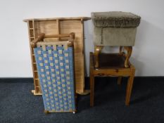 A pine plate rack, storage stool,