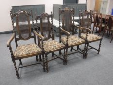 Four oak barley twist bergere back dining chairs