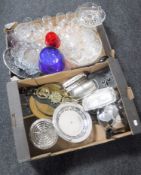 Two boxes of assorted glass ware, plated ware, horse brasses,