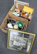 Two boxes of miscellaneous china, pictures,