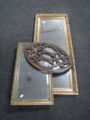 Two gilt framed mirrors together with Gothic style hardwood framed mirror