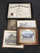A framed City of Winnipeg Honorary Citizen certificate, two colour engravings of coaching scenes,