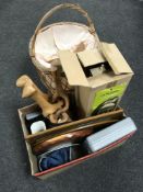 A large wicker basket and a box of Power Devil drill, unframed mirrors, folding hardwood table,