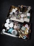 Two boxes of assorted china including Art Deco figures, trinket set, storage jars,