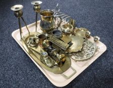 A tray of assorted brass ware together with a plated toast rack