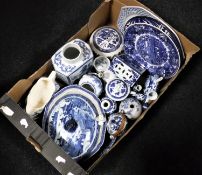 A box containing 20th century blue and white oriental style china