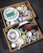 Two boxes containing assorted wall plates, tea china,