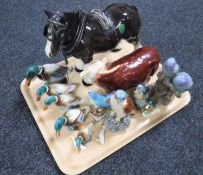 A tray containing china animal figures, Melba ware shire horse and Hereford bull,