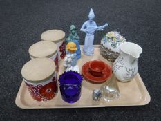 A tray of Avon scent bottles, Chinese style redware cup and saucer, Staffordshire storage jars,